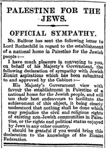 Balfour Deklaration in der TIMES, Ausgabe vom 9 November 1917